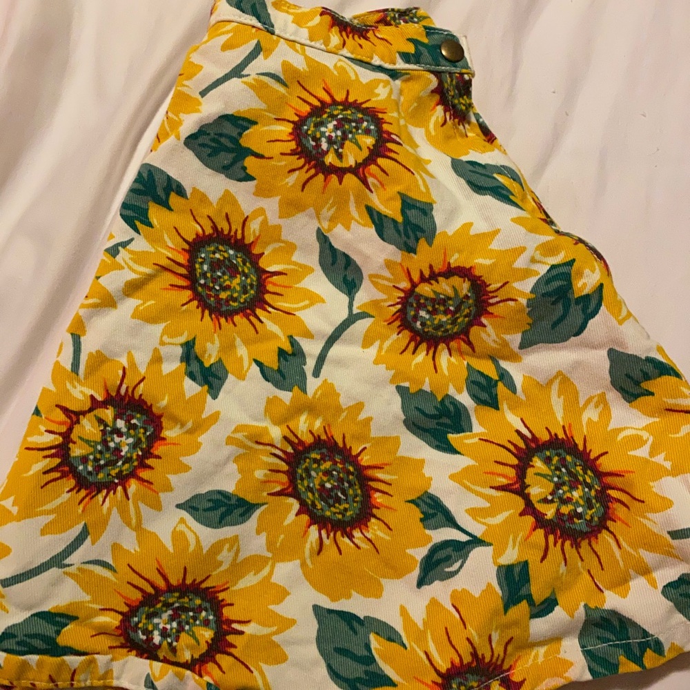Sunflower Print Denim Skater Skirt